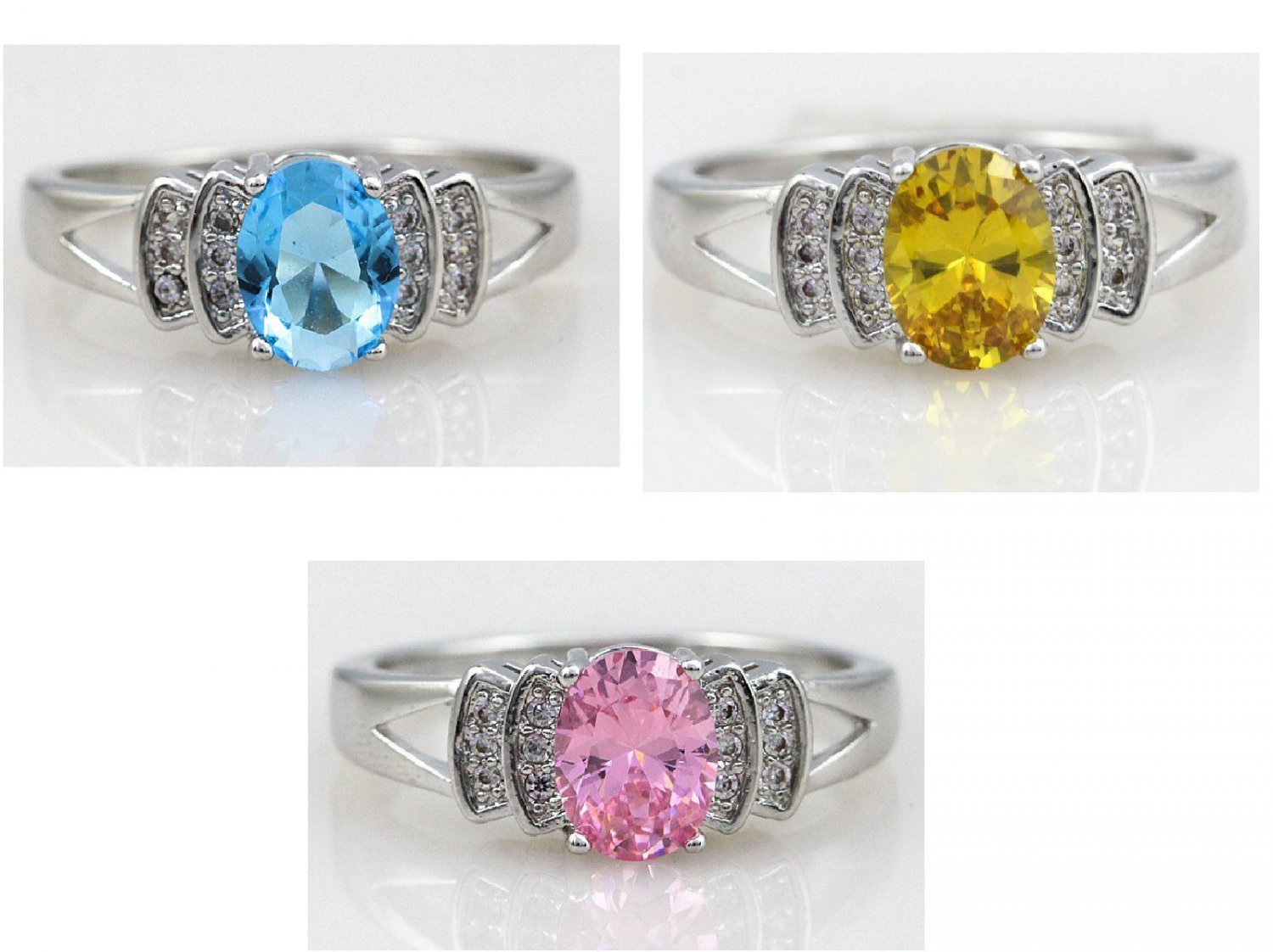 Solitaire Ring Crystal CZ Platinum plated pink amber blue topaz  USA SELLER