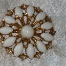 Vintage Signed Marvella pin brooch flower  white cut opaque glass Cabochon