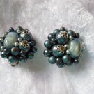 Vintage earrings clip on silver tone Silver and black molded plastic AB