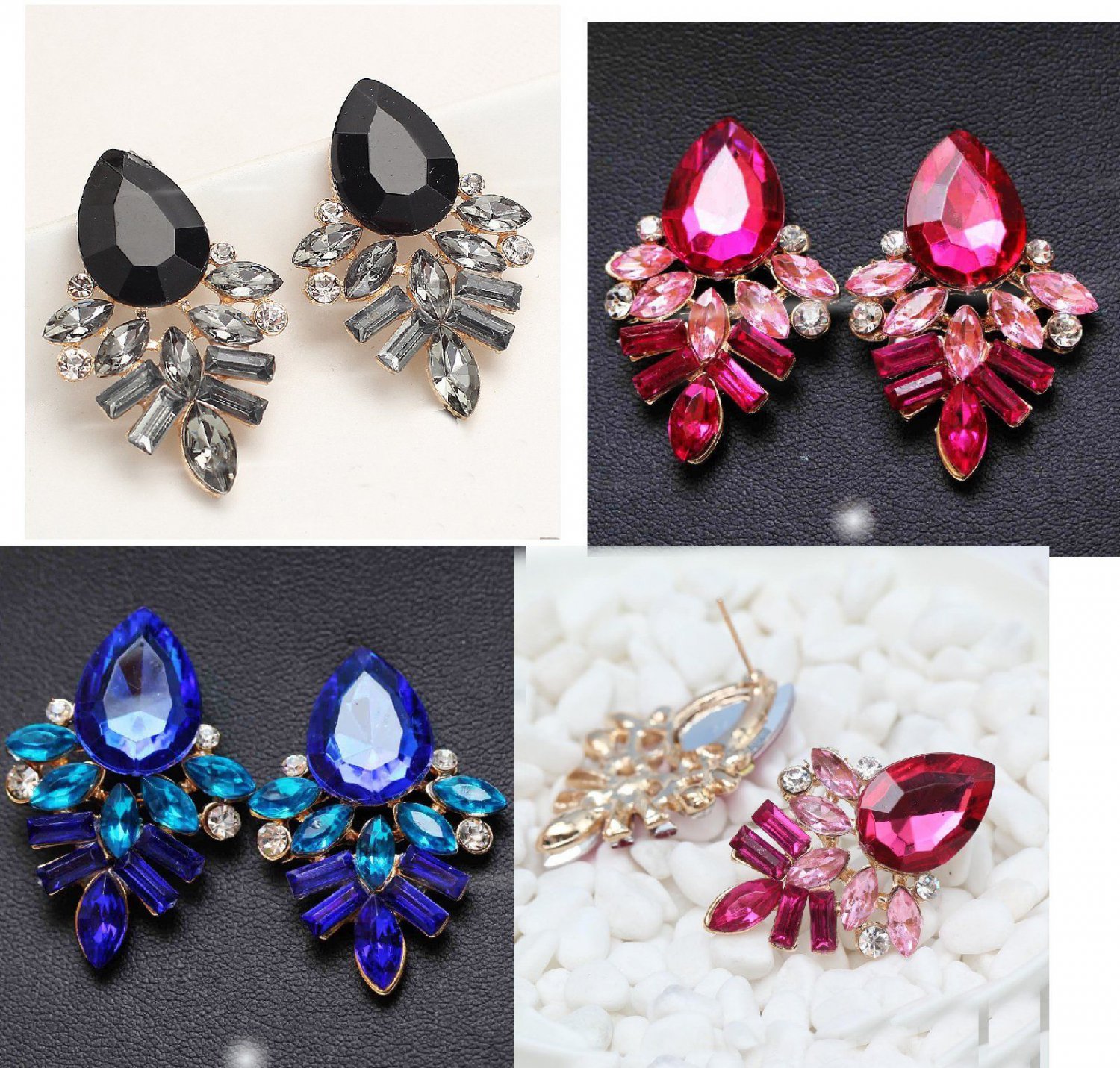Earrings post plastic rhinestones black blue pink pretty night out