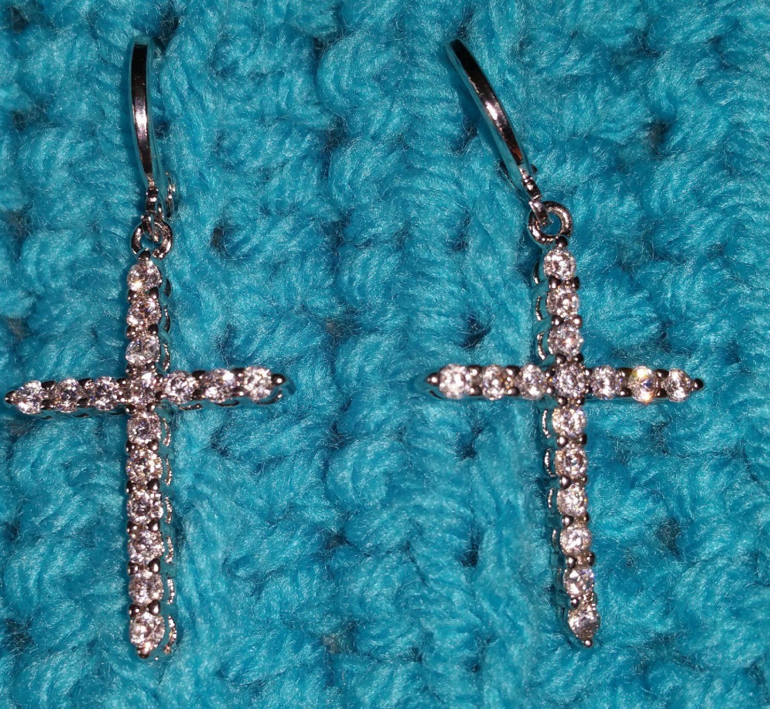 Silver tone earrings cross crystal rhinestone pierced USA Seller