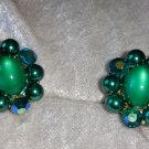 Vintage oval iridescent stone aurora borealis crystal earrings emerald color