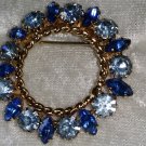 Vintage gold tone dark blue rhinestones pin brooch sky blue nice wreath