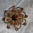 Flower Wreath gold tone pin brooch Rust color Rhinestones Vintage