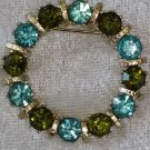 Rhinestone olive green and baby blue gold tone pin brooch vintage wreath