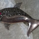 Dolphin 9.25 sterlling silver & marcasite ruby/garnet eye pin brooch