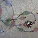 Vintage necklace Rose quartz light jade stones beads 15 " one side porcelain