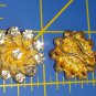 Signed BSK Gold tone textured flower earrings clear rhinestone vintage bling