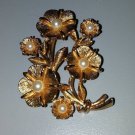 Vintage pin brooch gold tone morning glory plant faux pearls textured