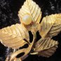 BSK Signed Pin Brooch Gold Tone Faux Pearl Textured leaf WOW