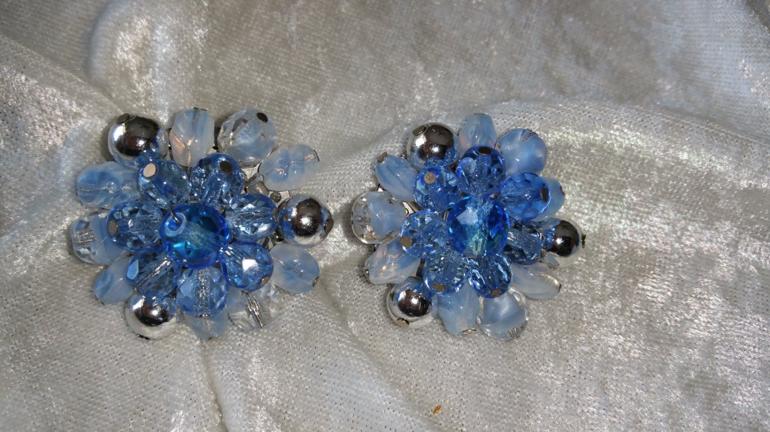 Vintage earrings silver tone large cluster button blue art glass Germany