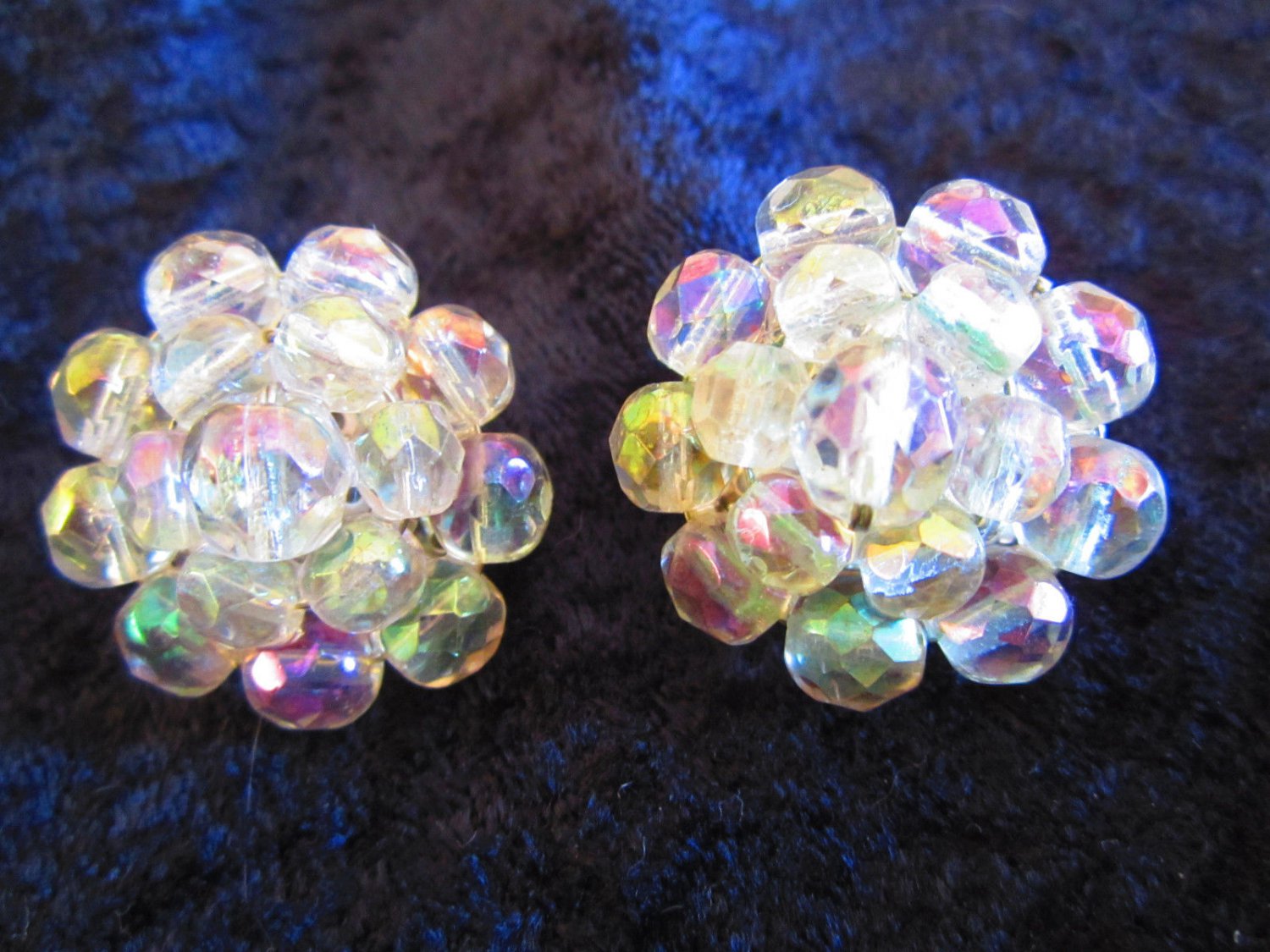 Vintage cluster button earrings aurora borealis signed Western Germany