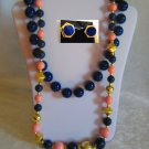 Vintage jewelry lot 2 necklaces1clip on earrings blue and pink gold tone.
