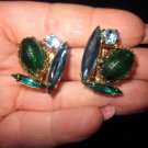 Vintage clip on plastic blue and green flower retro earrings