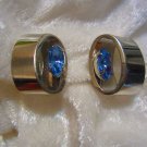 vintage silver tone clip in earrings signed TARA Faux blue topaz stone oval