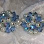 vintage blue cluster button earrings silver tone Aurora borealis faux pearls