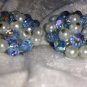 vintage blue cluster button earrings silver tone Aurora borealis faux pearls