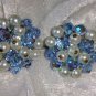 vintage blue cluster button earrings silver tone Aurora borealis faux pearls