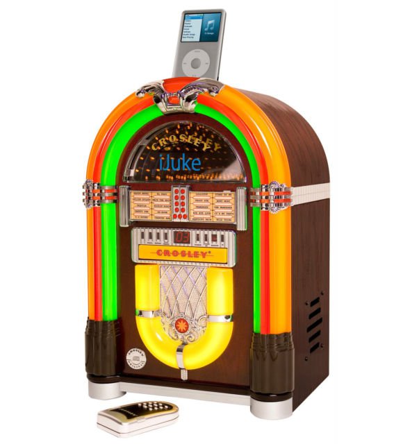 New Retro IJuke Premier Neon Tabletop Crosley Jukebox Ipod dock CD
