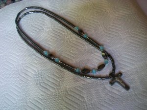 2 VINT HEMOTITE NECKLACES BLUE STONES & RELIGIOUS CROSS