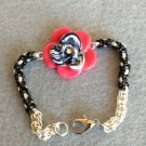 Handmade pink, black and white rose, chain bracelet