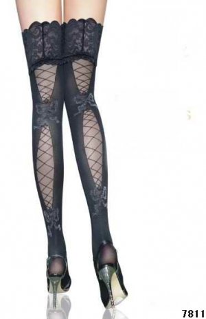 Lycra black lace butterfly design pecail style socks with sexy satin bow stocking