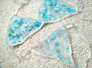 3pcs can mix color whith with blue flower lace bikini lingerie with g-string teddy underwear