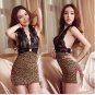 Sexy chemises open breast black lace neck halter barebacked leopard side cut