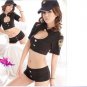 Black police uniform tight stand collar low cut front hollow  with hot shorts and cap