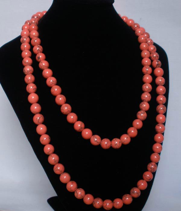 54inch Light Red Veins Gemstone 0.4inch Bead Long Necklace