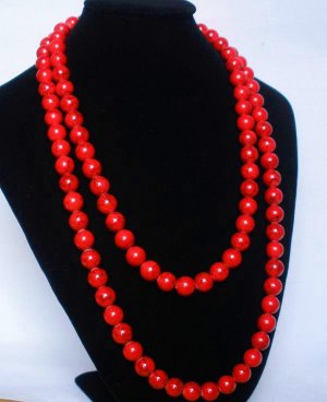 54inch Red Veins Gemstone 0.4inch Bead Long Necklace