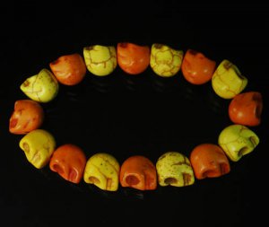 New Twin Color Turquoise Orange Yellow Skull Bead Beads Stretch Bracelet for Men Women ZZ2250