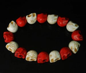 New Twin Color Turquoise White Red Skull Bead Beads Stretch Bracelet for Men Women ZZ2253