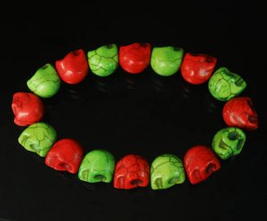 New Twin Color Turquoise Green Red Skull Bead Beads Stretch Bracelet for Men Women ZZ2257