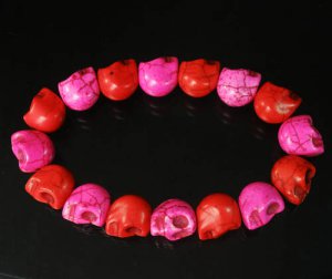 New Twin Color Turquoise Hot Pink Red Skull Bead Beads Stretch Bracelet for Men Women ZZ2258