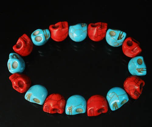 New Twin Color Turquoise Baby Blue Red Skull Bead Beads Stretch Bracelet for Men Women ZZ2259
