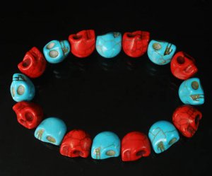 New Twin Color Turquoise Baby Blue Red Skull Bead Beads Stretch Bracelet for Men Women ZZ2259