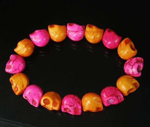 New Twin Color Turquoise Hot Pink Orange Skull Bead Beads Stretch Bracelet for Men Women ZZ2261