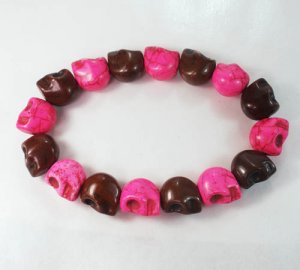New Twin Color Turquoise Hot Pink Brown Skull Bead Beads Stretch Bracelet for Men Women ZZ2262