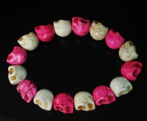 New Twin Color Turquoise Hot Pink White Skull Bead Beads Stretch Bracelet for Men Women ZZ2263