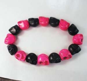 New Twin Color Turquoise Hot Pink Black Skull Bead Beads Stretch Bracelet for Men Women ZZ2264