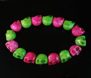New Twin Color Turquoise Hot Pink Green Skull Bead Beads Stretch Bracelet for Men Women ZZ2266