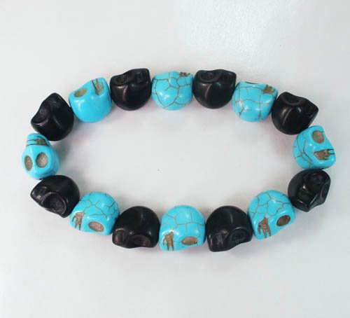 New Twin Color Turquoise Baby Blue Black Skull Bead Beads Stretch Bracelet for Men Women ZZ2276