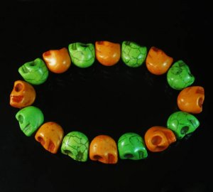 New Twin Color Turquoise Green Orange Skull Bead Beads Stretch Bracelet for Men Women ZZ2279