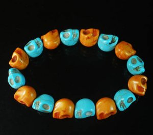 New Twin Color Turquoise Orange Baby Blue Skull Bead Beads Stretch Bracelet for Men Women ZZ2283