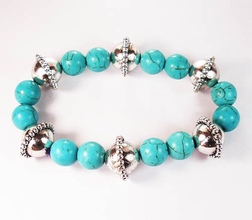 Silvery Plated Resin Bead Turquoise White Bead Stretch Bracelet for Men Women ZZ2117