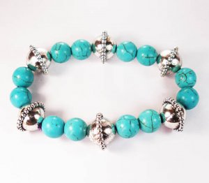 Silvery Plated Resin Bead Turquoise White Bead Stretch Bracelet for Men Women ZZ2117