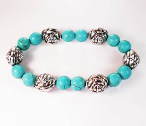 Silvery Plated Resin Bead Turquoise White Bead Stretch Bracelet for Men Women ZZ2118