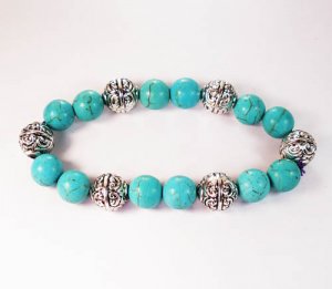 Silvery Plated Resin Bead Turquoise White Bead Stretch Bracelet for Men Women ZZ2119