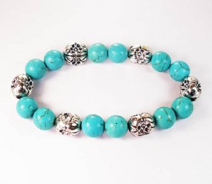 Silvery Plated Resin Bead Turquoise White Bead Stretch Bracelet for Men Women ZZ2120